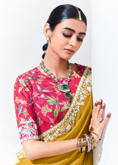 Mustard Yellow Party Saree with White Thread Work