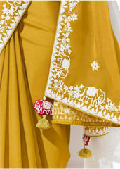Mustard Yellow Party Saree with White Thread Work