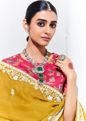 Mustard Yellow Party Saree with White Thread Work