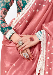 Rose Pink Saree with Pearl Work & Floral Blouse