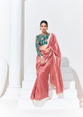 Rose Pink Saree with Pearl Work & Floral Blouse
