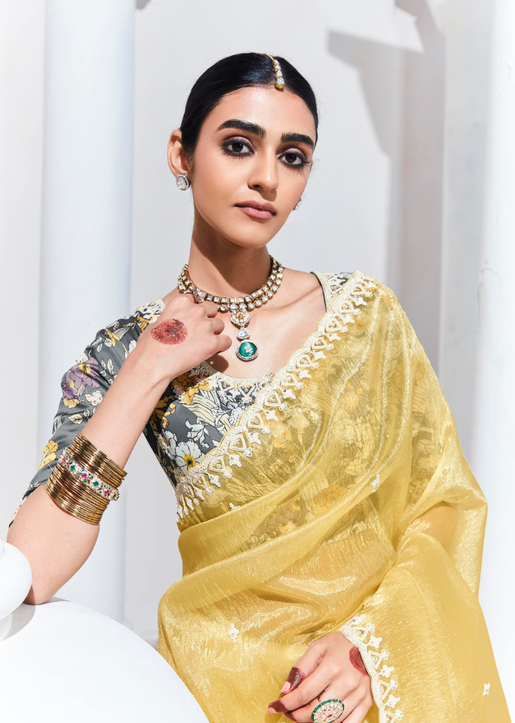 Lemon Yellow Organza Saree with White Thread Work