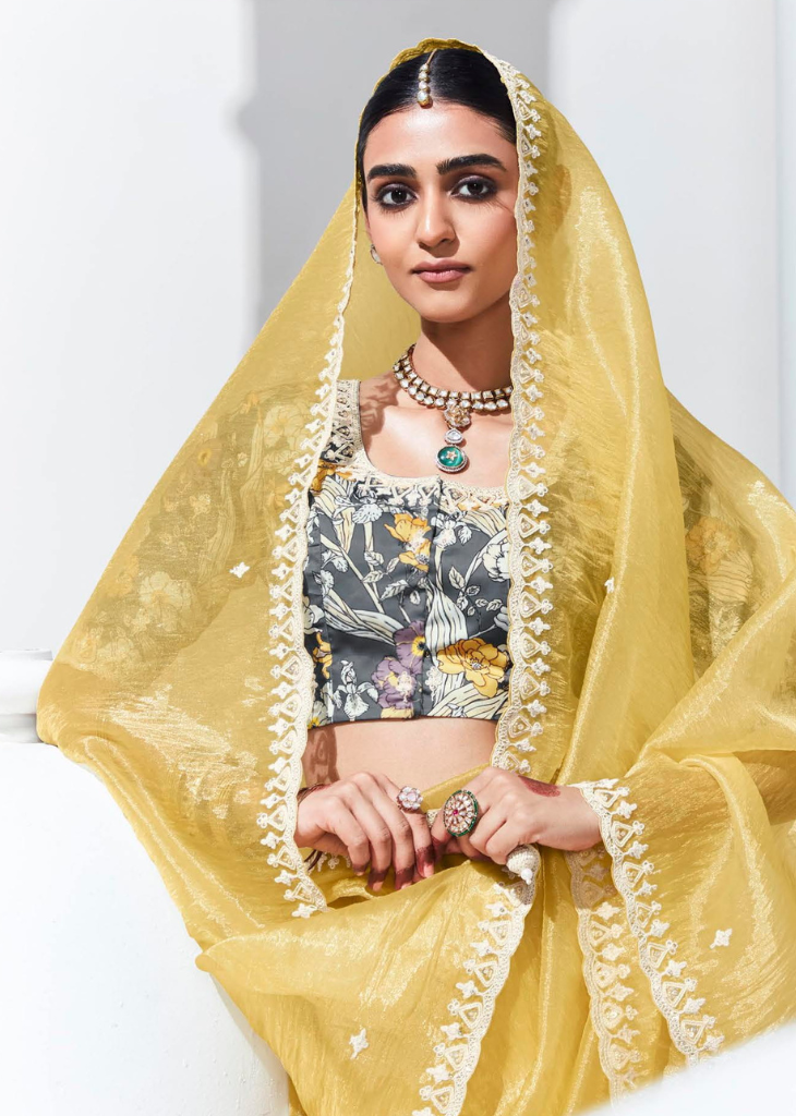 Lemon Yellow Organza Saree with White Thread Work