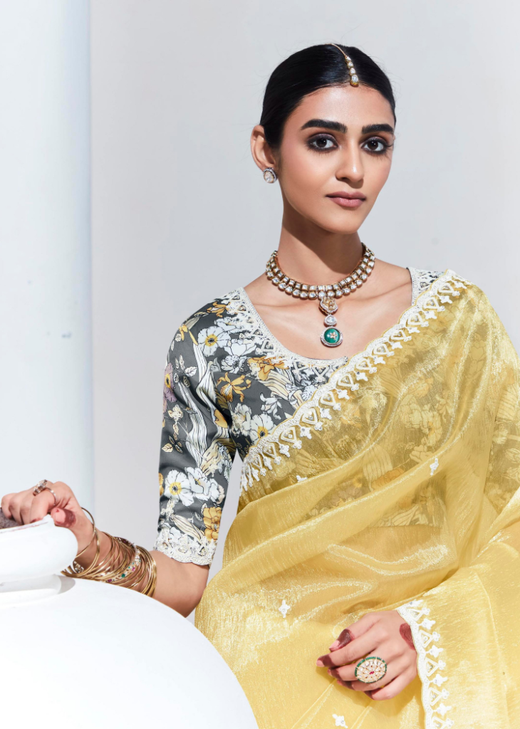 Lemon Yellow Organza Saree with White Thread Work