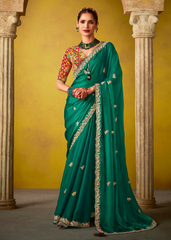 Emerald Green Glass Tissue Saree with Sequin Work