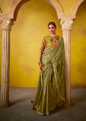 Olive Green Glass Tissue Saree with Heavy Embroidery