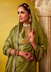 Olive Green Glass Tissue Saree with Heavy Embroidery