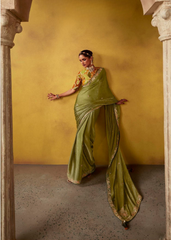 Olive Green Glass Tissue Saree with Heavy Embroidery