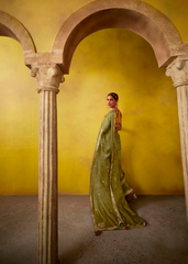 Olive Green Glass Tissue Saree with Heavy Embroidery