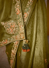 Olive Green Glass Tissue Saree with Heavy Embroidery