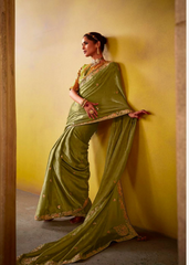 Olive Green Glass Tissue Saree with Heavy Embroidery