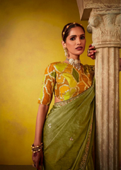Olive Green Glass Tissue Saree with Heavy Embroidery