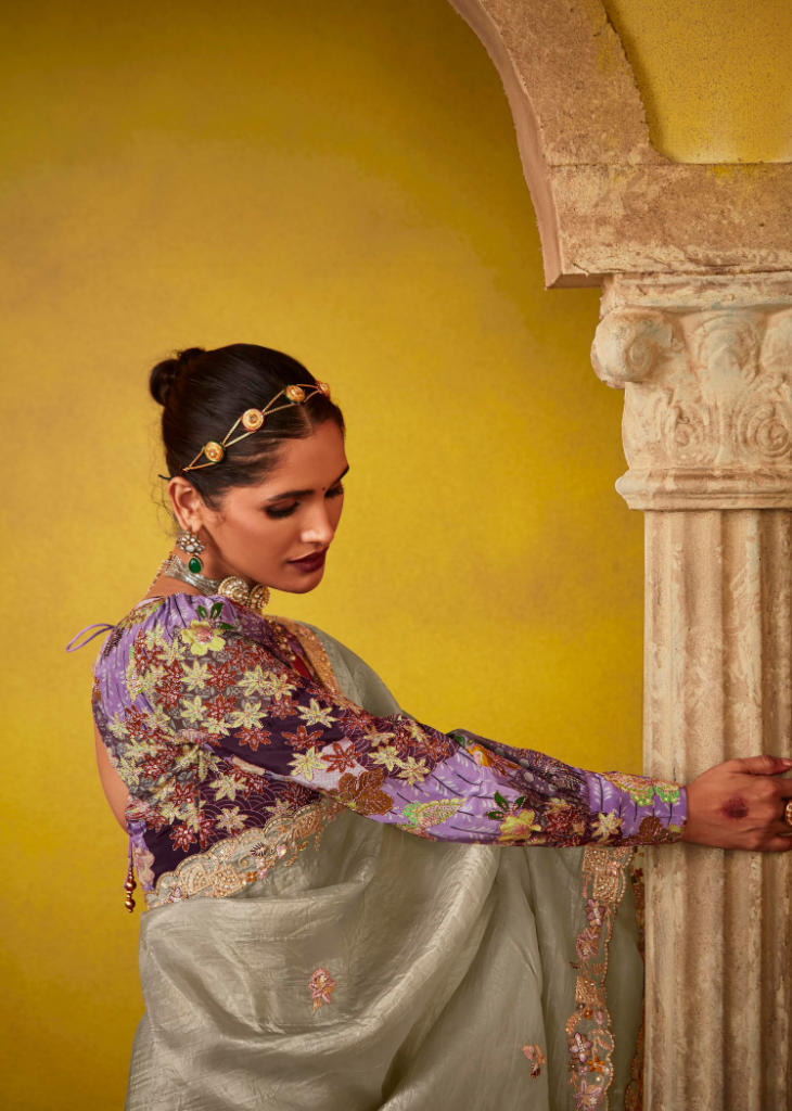 Grey Tissue Saree with Thread Embroidery & Floral Blouse
