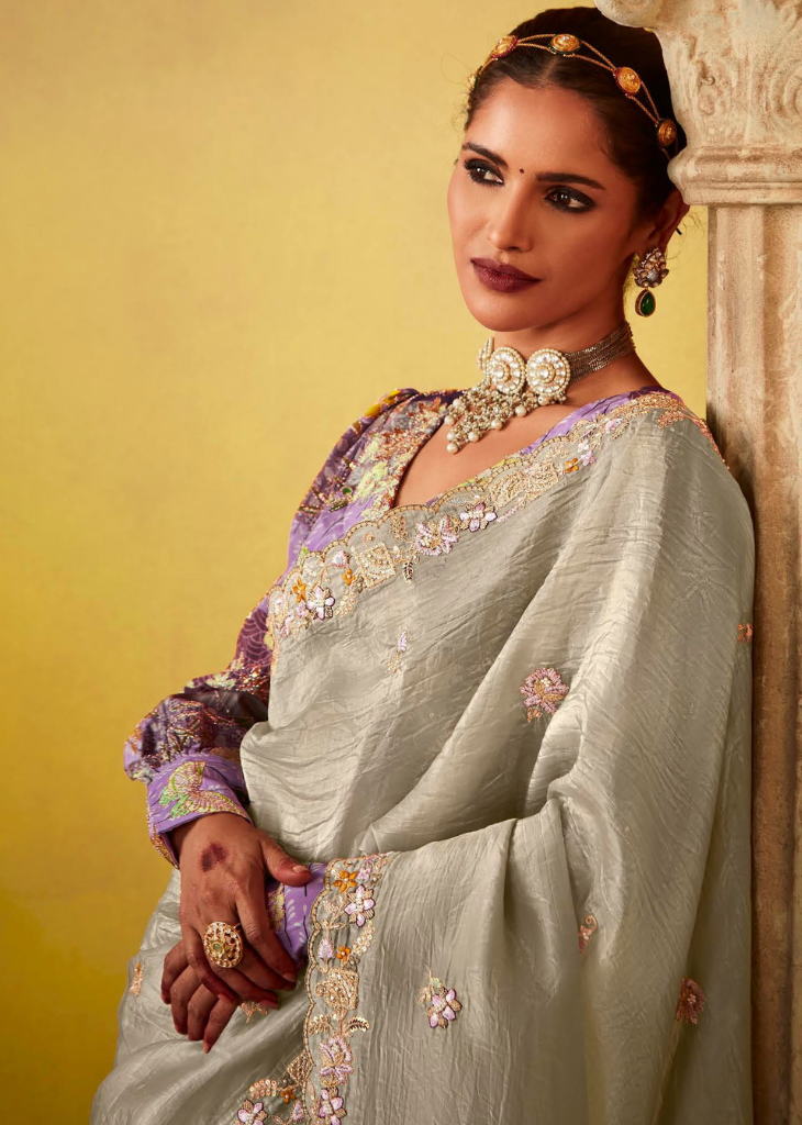 Grey Tissue Saree with Thread Embroidery & Floral Blouse