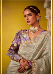 Grey Tissue Saree with Thread Embroidery & Floral Blouse
