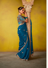Teal Tissue Saree with Sequence Work and Designer Blouse