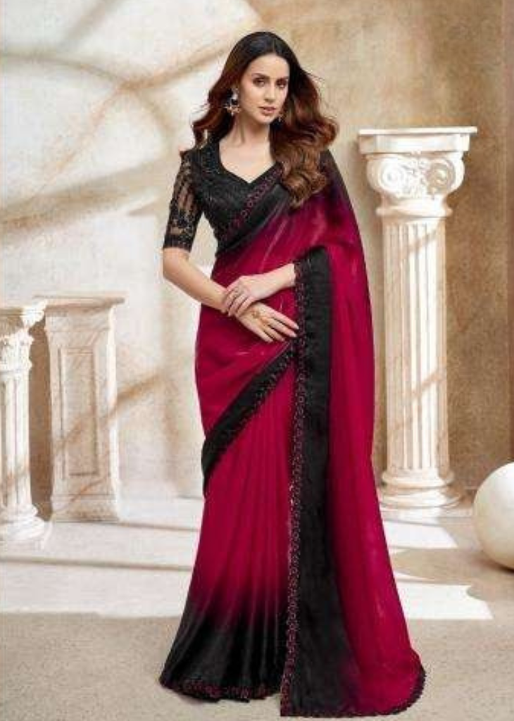 Maroon-Black Ombre Fendi Digital Saree with Bold Embroidered Blouse