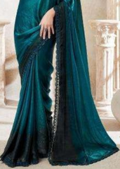 Deep Teal Blue Fendi Digital Saree with Black Lace Accents