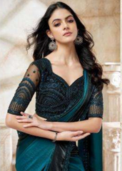 Deep Teal Blue Fendi Digital Saree with Black Lace Accents