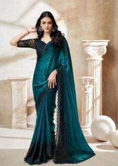 Deep Teal Blue Fendi Digital Saree with Black Lace Accents