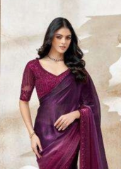 Plum Purple Fendi Digital Saree with Deep Wine Embroidered Blouse