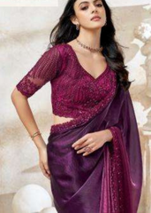 Plum Purple Fendi Digital Saree with Deep Wine Embroidered Blouse