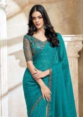 Turquoise Fendi Jaquard Saree with Antique Teal Embroidery