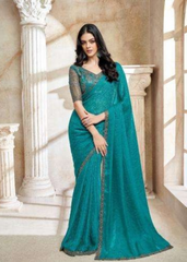 Turquoise Fendi Jaquard Saree with Antique Teal Embroidery