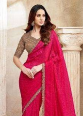 Crimson Red Fendi Jaquard Saree with Antique Gold Embroidery