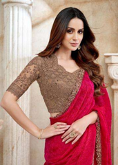 Crimson Red Fendi Jaquard Saree with Antique Gold Embroidery