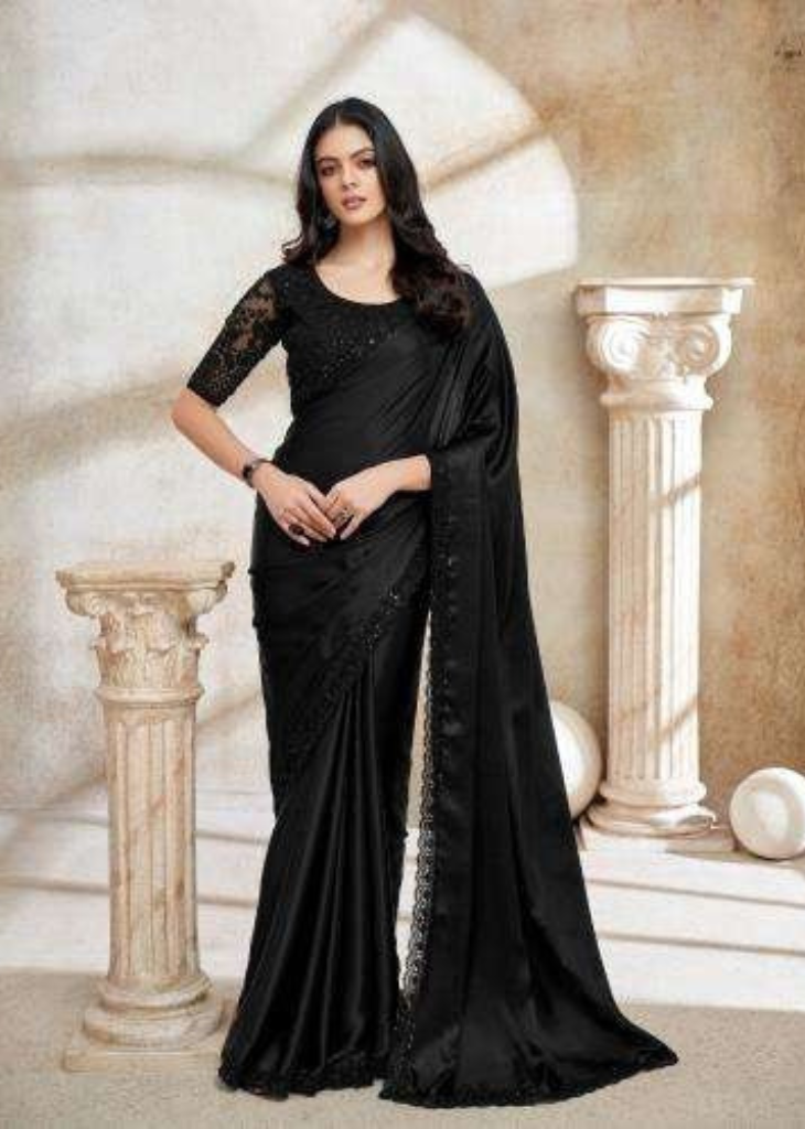 Midnight Black Satin Organza Saree with Luxe Embroidered Detailing