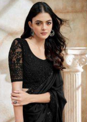 Midnight Black Satin Organza Saree with Luxe Embroidered Detailing