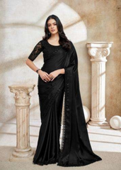 Midnight Black Satin Organza Saree with Luxe Embroidered Detailing