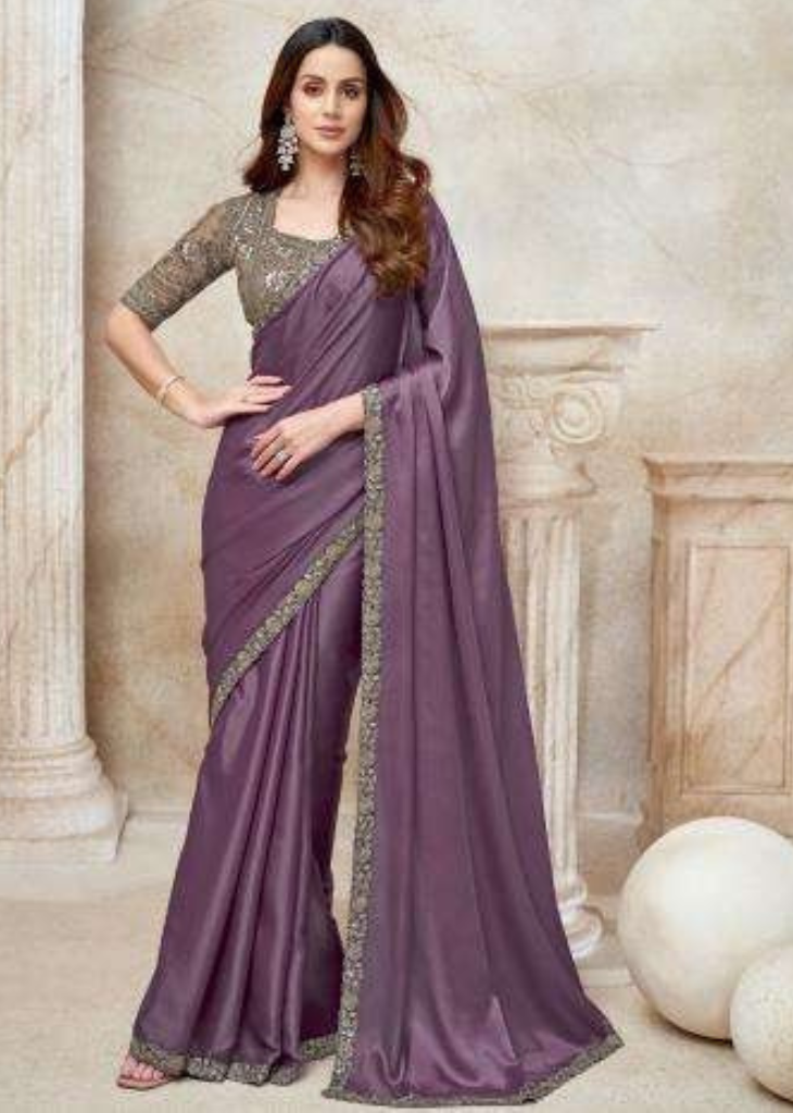 Dusty Mauve Satin Organza Saree with Delicate Thread Embroidery