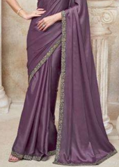 Dusty Mauve Satin Organza Saree with Delicate Thread Embroidery