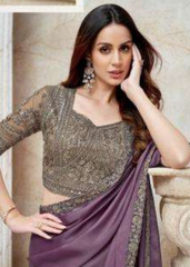 Dusty Mauve Satin Organza Saree with Delicate Thread Embroidery