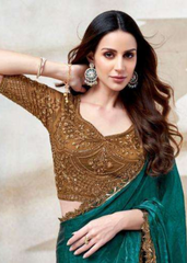 Emerald Green Fendi Saree with Golden Embroidered Blouse