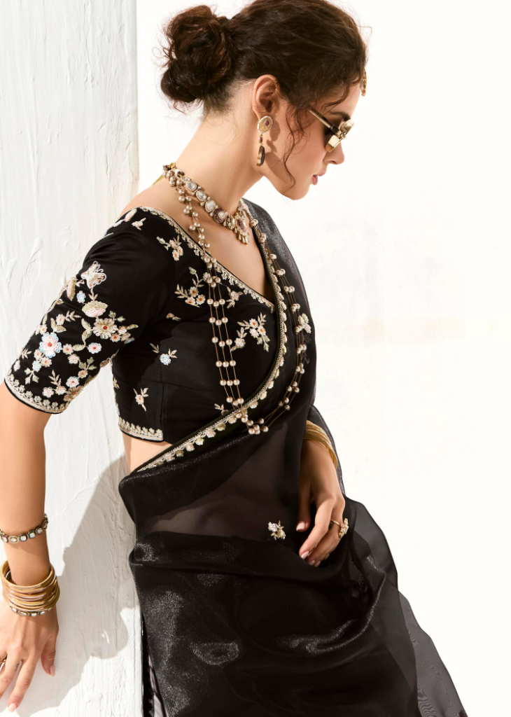 Black Organza Tissue Saree with Butta & Embroidered Blouse