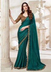 Emerald Green Fendi Saree with Golden Embroidered Blouse