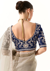 Beige Organza Tissue Saree with Navy Embroidery Blouse