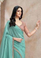 Aqua Mint Saree with Peach Embroidered Blouse for Fresh Festive Vibes