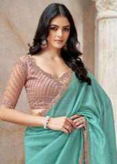 Aqua Mint Saree with Peach Embroidered Blouse for Fresh Festive Vibes