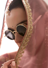 Mauve Organza Saree with Golden Leaf Embroidered Blouse