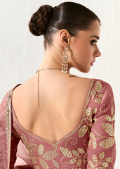 Mauve Organza Saree with Golden Leaf Embroidered Blouse