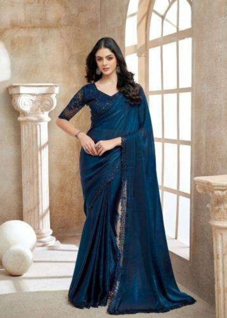 Midnight Blue Saree with Elegant Lace Detailing