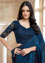 Midnight Blue Saree with Elegant Lace Detailing