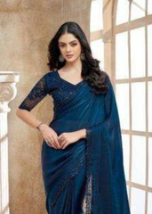Midnight Blue Saree with Elegant Lace Detailing