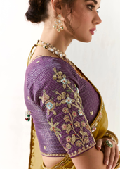 Mustard Tissue Saree with Embroidered Purple Blouse