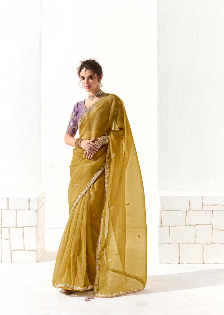 Mustard Tissue Saree with Embroidered Purple Blouse