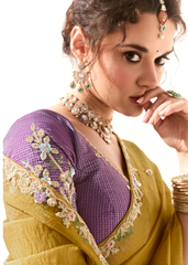 Mustard Tissue Saree with Embroidered Purple Blouse